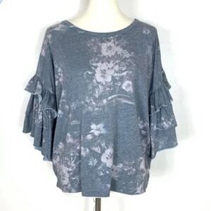 Chaser Womens Top S Gray floral Cascading Ruffle Sleeve Blouse Flirty Fun Trendy
